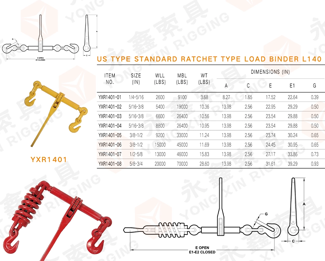 Us Type G80 Red Painted Carbon Steel Drop Forged Standard L140 Type Spring Folding Handle Ratchet Type Chain Load Binder